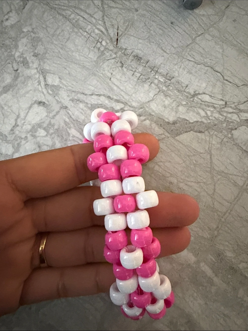 Kids Pink & White Beaded Bracelet, Ring & Keychain Set handmade